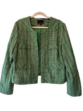 Cynthia Rowley Green Tweed Open Front Jacket XL Cotton Blend With Pockets